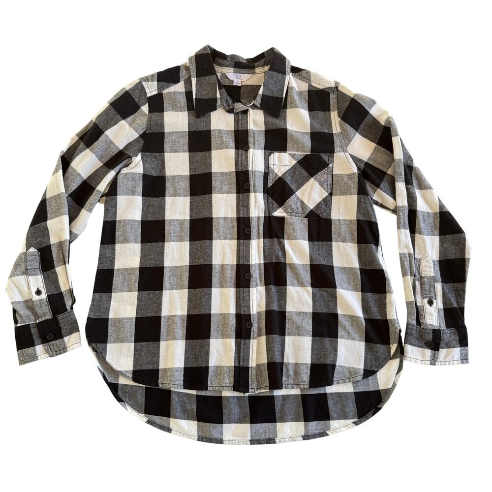 Time and Tru Flannel Shirt Womens Medium 8-10 Black White Plaid Cotton